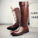 Men’s Knee High Leather Boots with Side Zipper & Buckle
